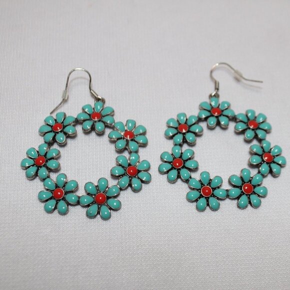 Floral Loop Dangle Turquoise and Red Earrings - Picture 5 of 7